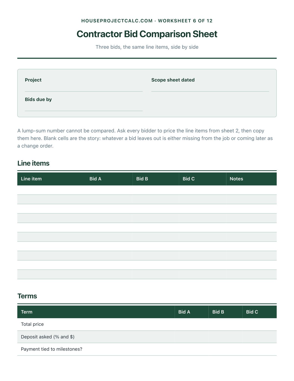 Contractor Bid Comparison Sheet