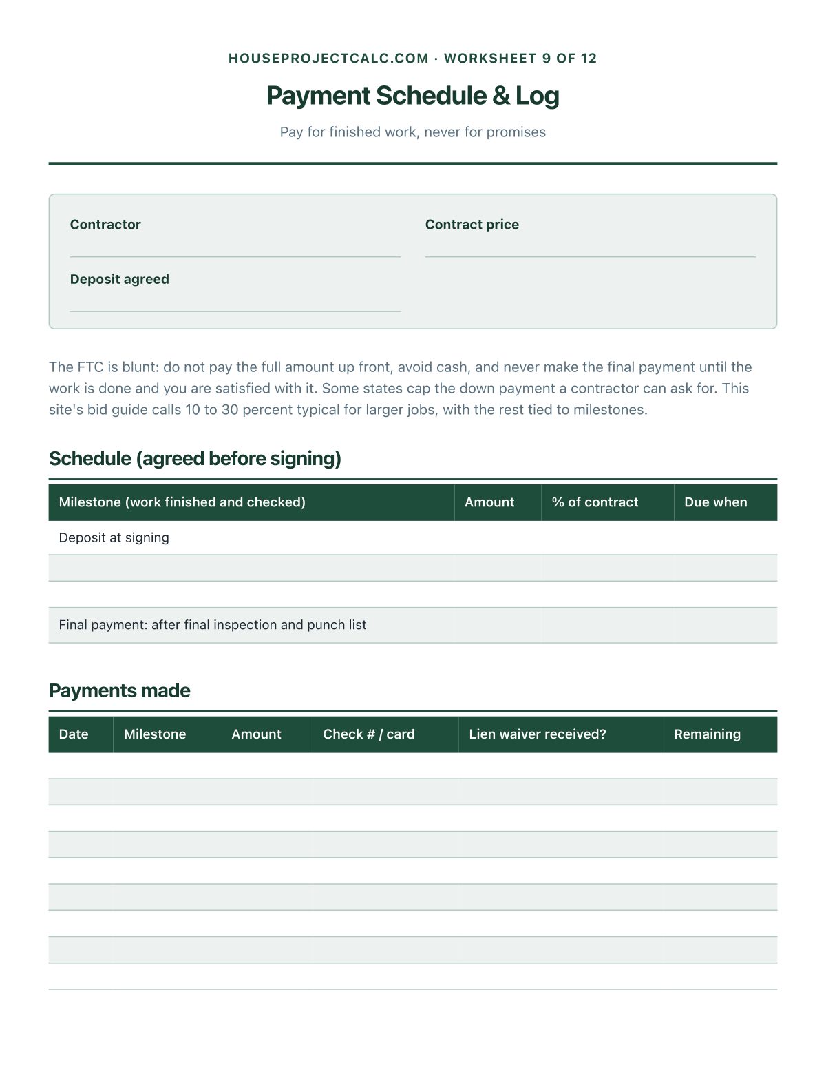 Payment Schedule & Log