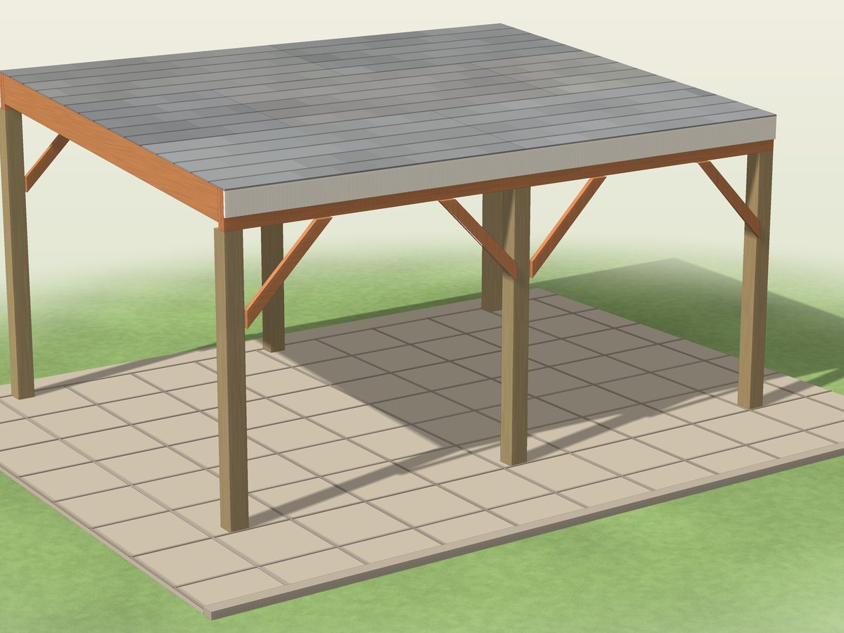Freestanding lean-to patio cover with a low-slope metal roof, a table and chairs, standing on its own