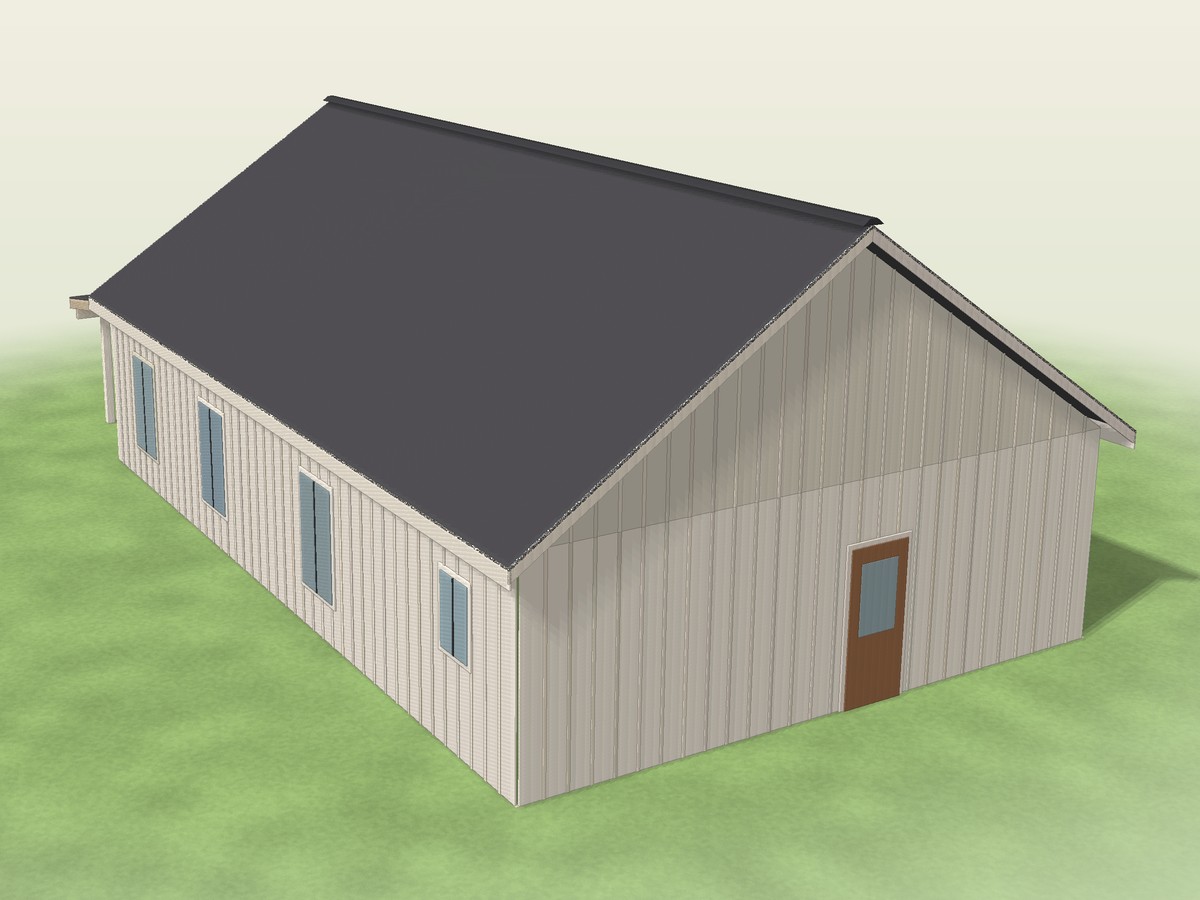 The farmhouse seen from the back with the back door and side windows