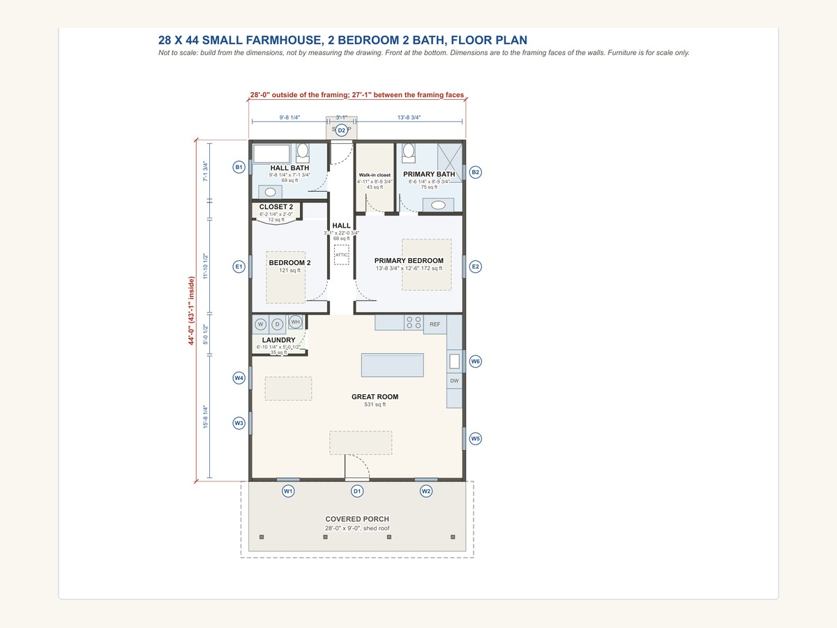 Dimensioned floor plan of the 28 x 44 ft two bedroom two bath house