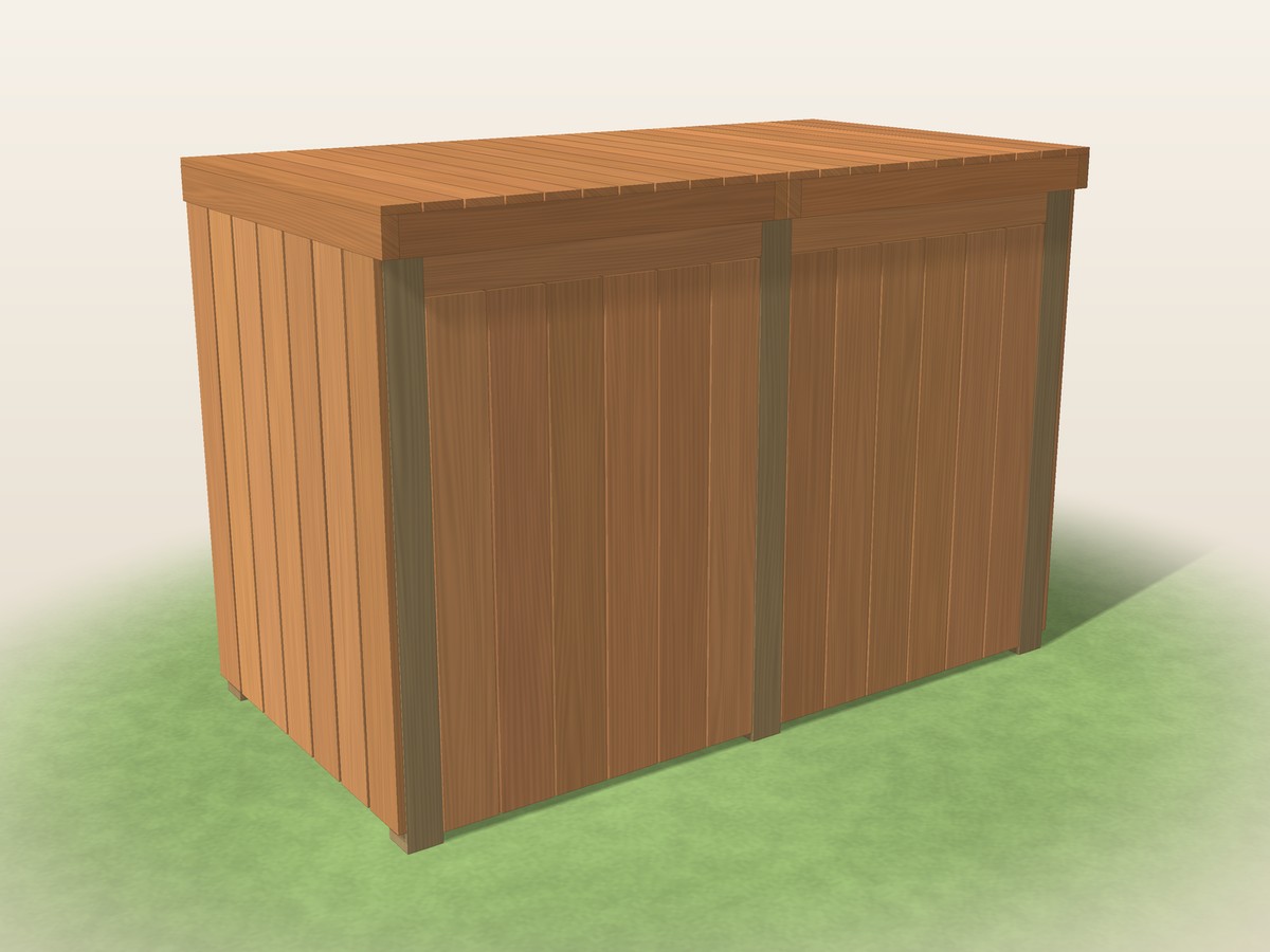 Double trash can enclosure with picket walls and two hinged lids