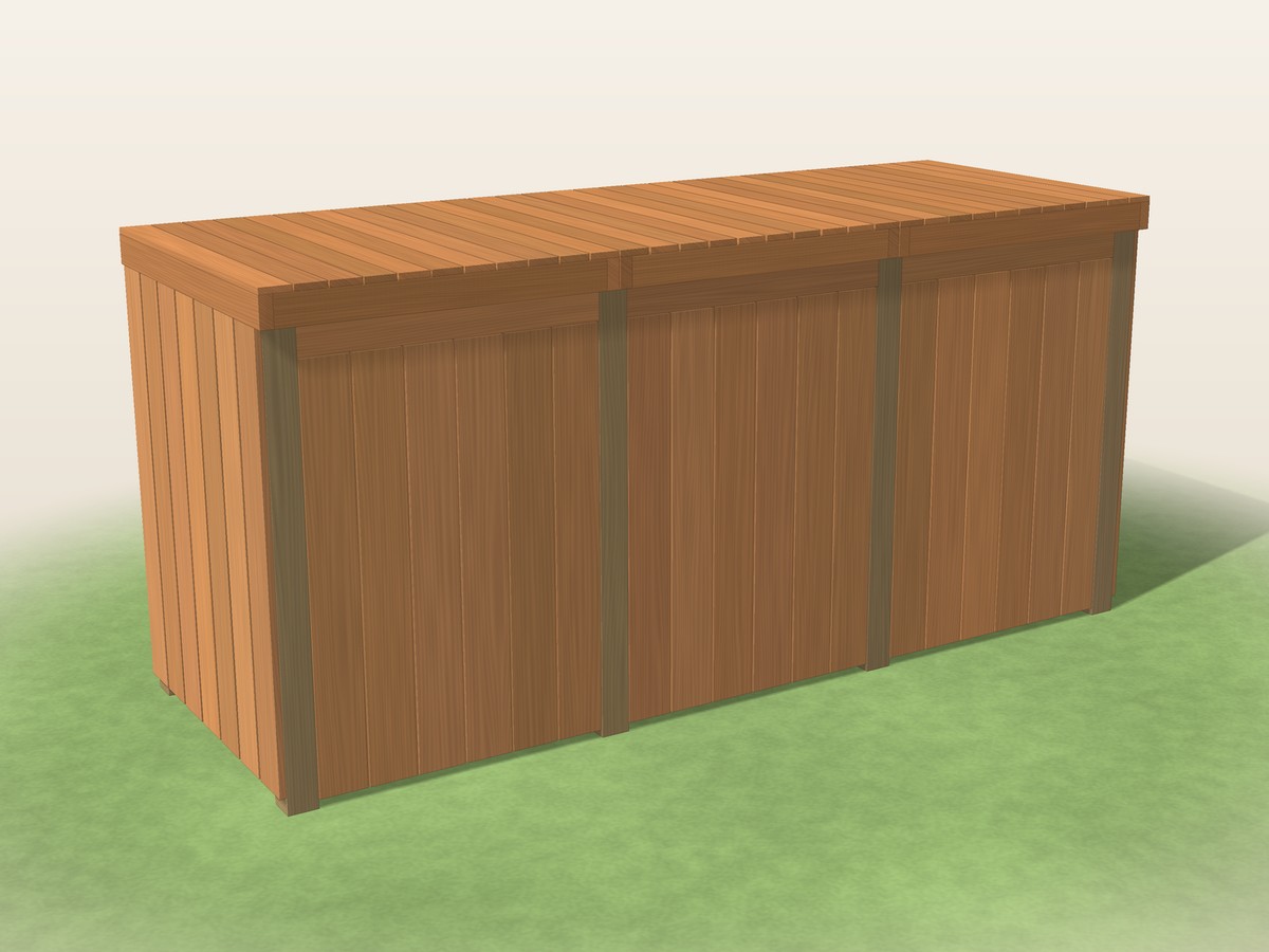 Triple trash can enclosure for trash, recycling and yard waste